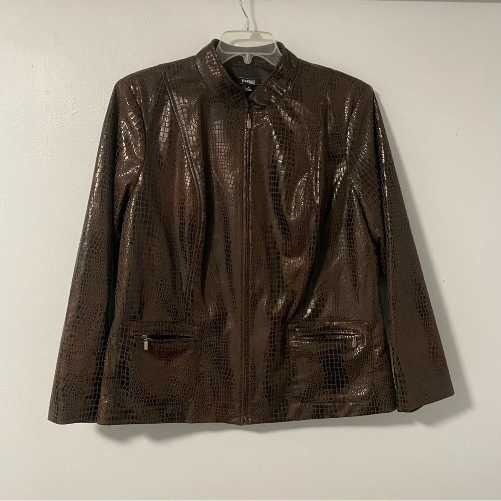 Elementz Woman Brown Faux Croc Skin zip Front Jacket with Pockets‎ 3X EUC